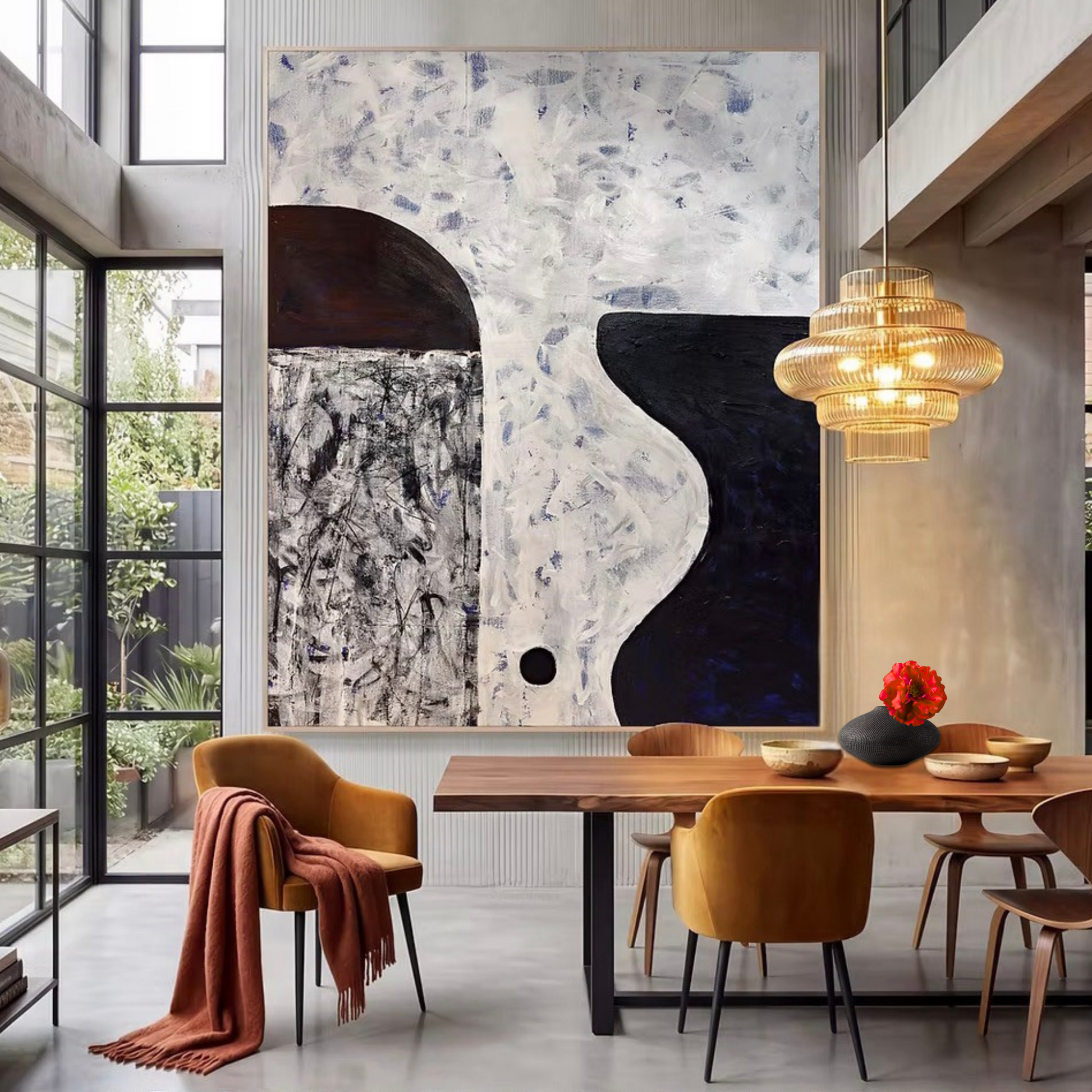 Modern dining room with abstract art, wooden table, and chairs and Silk/Artifiical/Faux Poppy in stone Vase (Silk-ka)