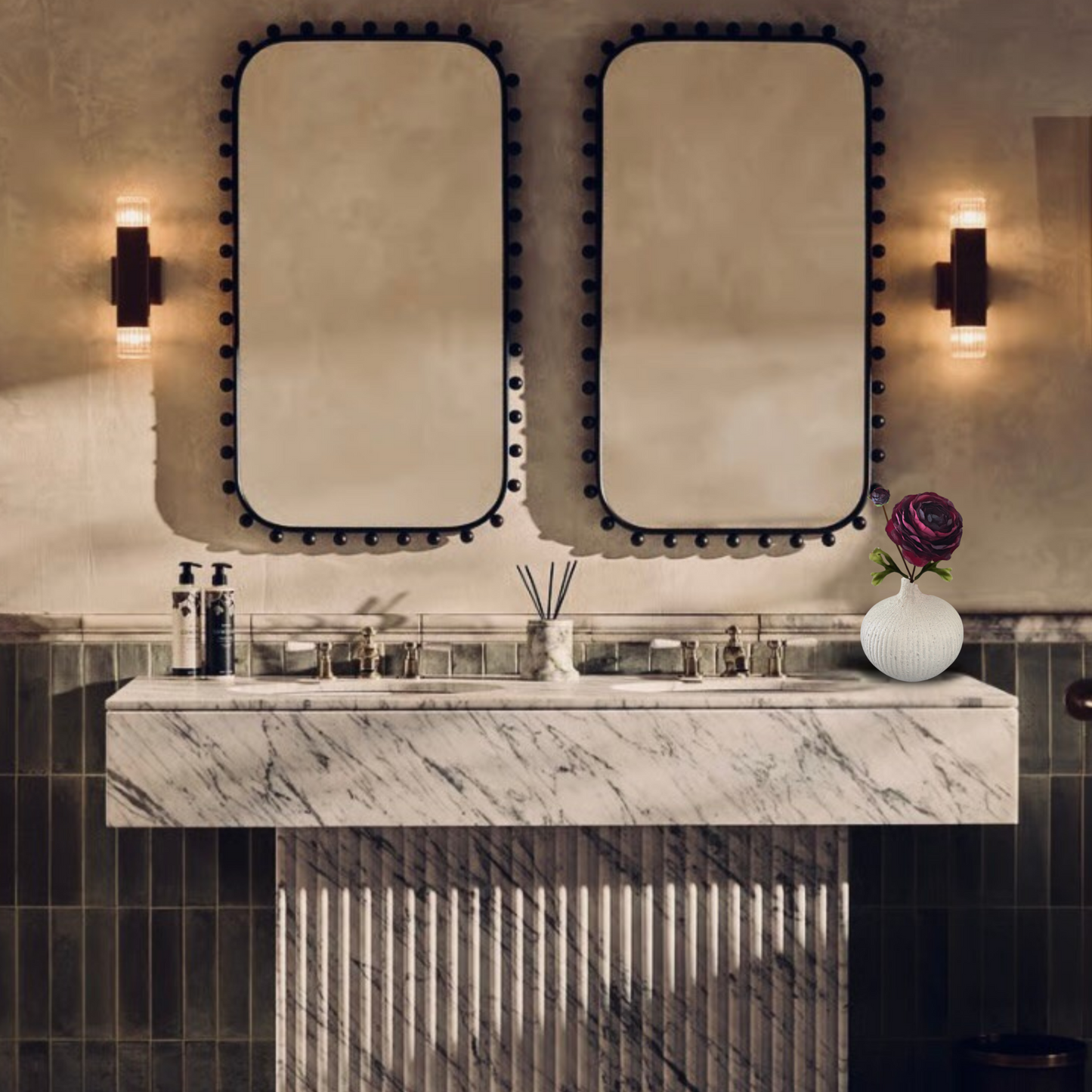 Bathroom vanity with mirrors and decorative elements, featuring Burgundy Silk Ranunculus in Stone Vase. (Silk-ka)