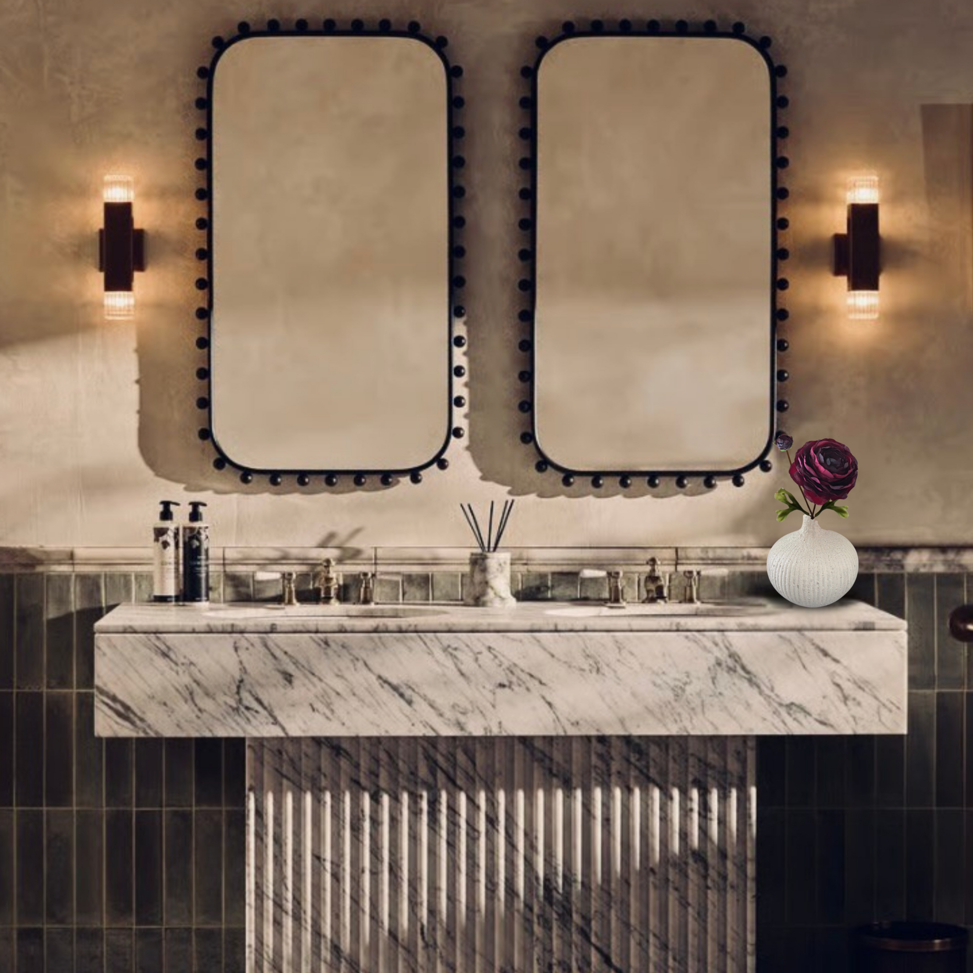 Bathroom vanity with mirrors and decorative elements, featuring Burgundy Silk Ranunculus in Stone Vase. (Silk-ka)