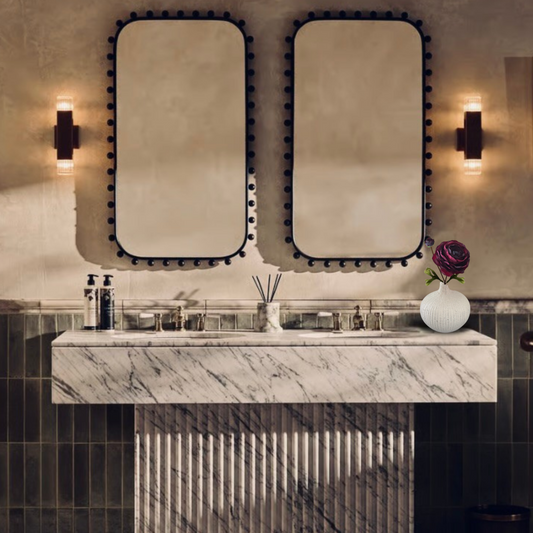 Bathroom vanity with mirrors and decorative elements, featuring Burgundy Silk Ranunculus in Stone Vase. (Silk-ka)
