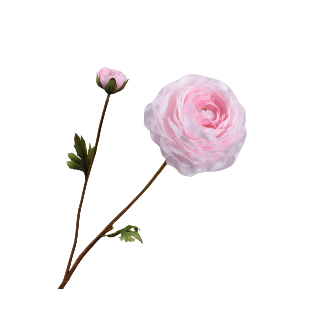 Front view product shot of a Silk-ka real-touch faux ranunculus spray featuring light pink ruffled petals, a closed bud, a brown textured stem, and green leaves isolated on a solid white background.