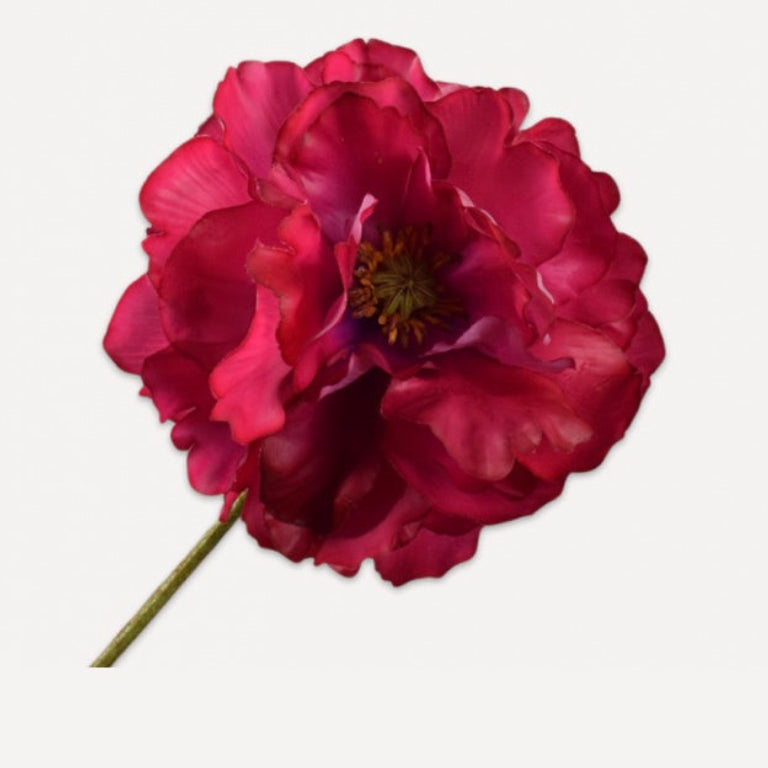 Single pink silk/artifiical/faux Poppy on a white background. (Silk-ka)