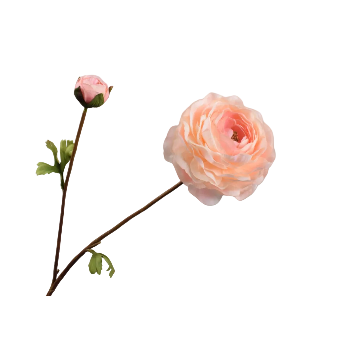 Front view product shot of a Silk-ka real-touch faux ranunculus spray featuring peach ruffled petals, a closed bud, a brown textured stem, and green leaves isolated on a solid white background.