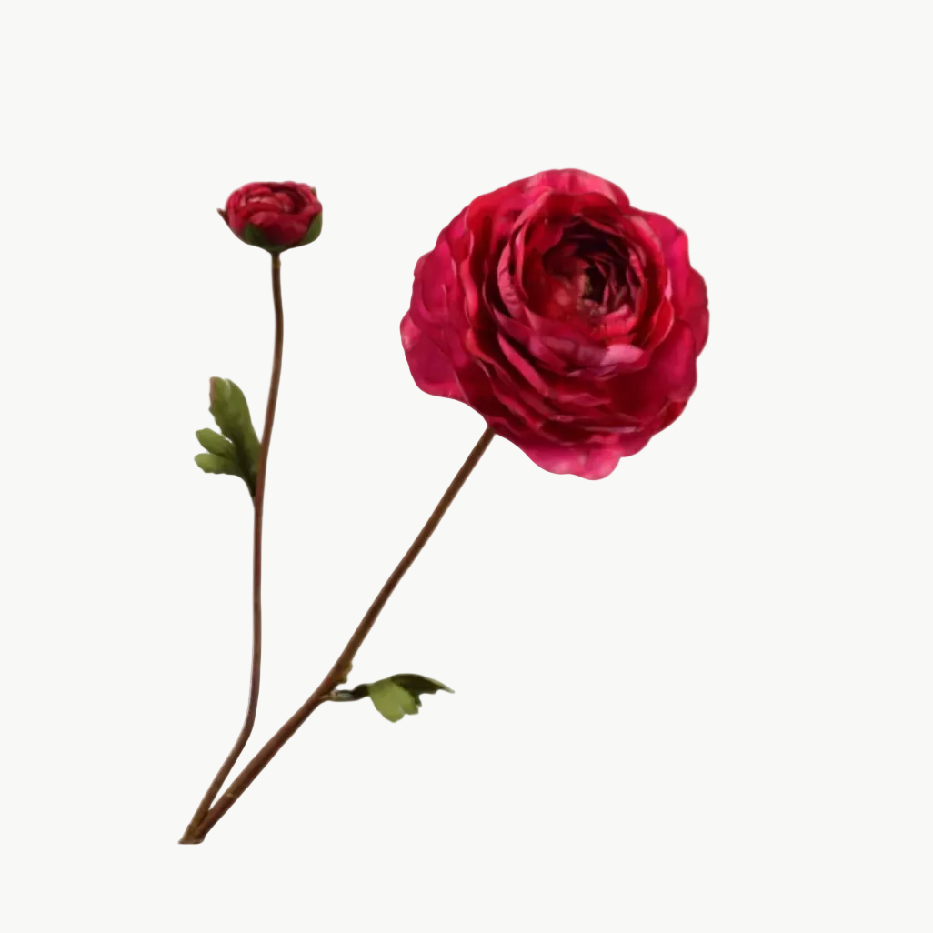 Front view product shot of a Silk-ka real-touch faux ranunculus spray featuring deep red ruffled petals, a closed bud, a brown textured stem, and green leaves isolated on a solid white background.