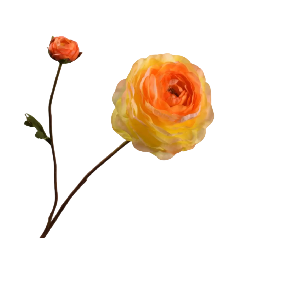 Front view product shot of a Silk-ka real-touch faux ranunculus spray featuring bright yellow ruffled petals, a closed bud, a brown textured stem, and green leaves isolated on a solid white background.